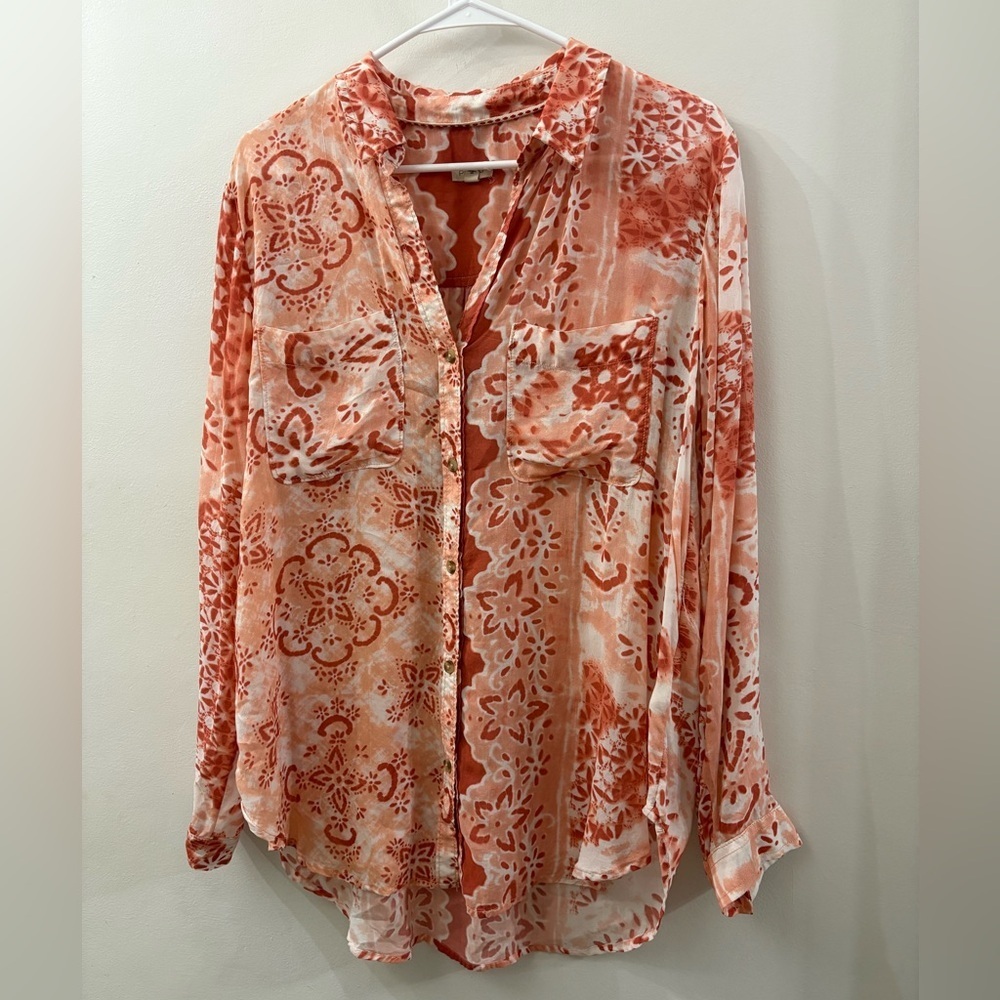 Pilcro Womens oversized Print Button-Front Blouse - Orange/White - size medium